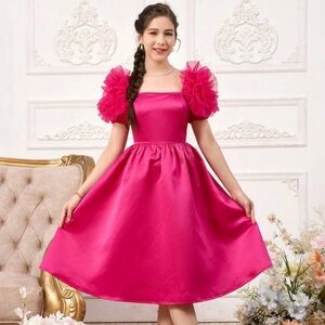 🆕 Satin Splice 3D Mesh Flower Square Neck Dress